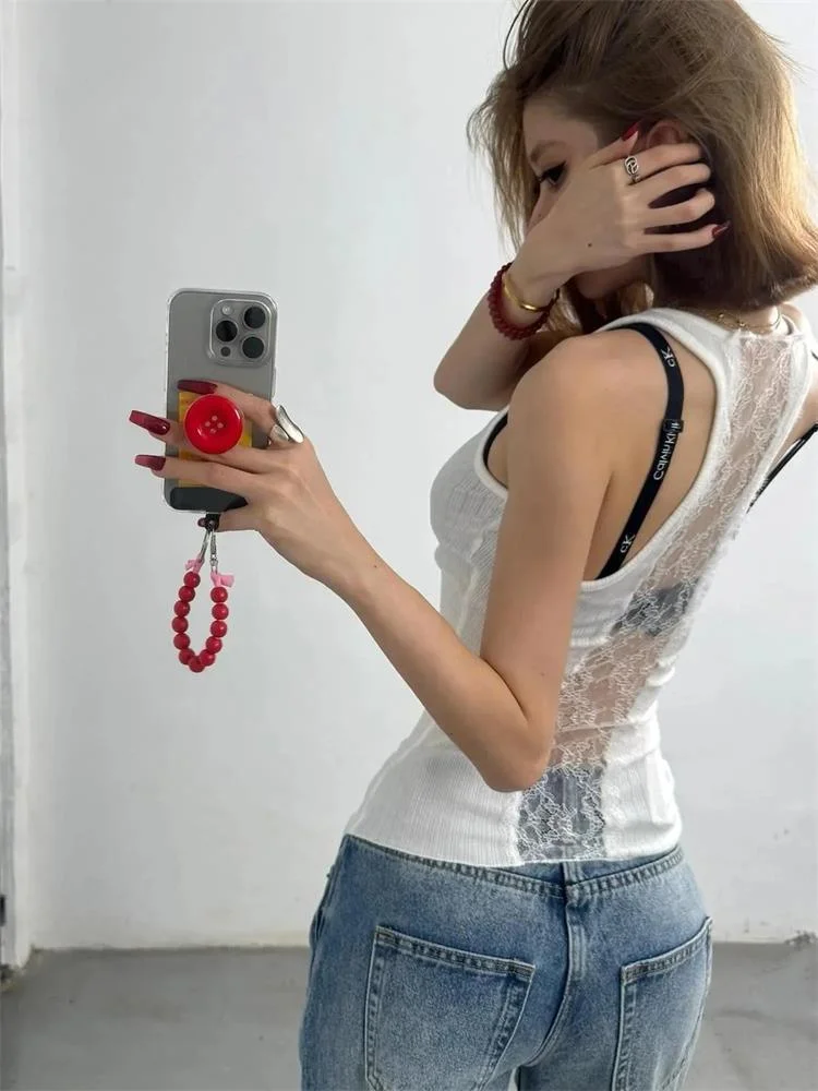 Summer Y2k Clothing Tank Tops Women White Fashion Thin Lace Patchwork Tops Sleeveless Camisole Vest Streetwear Low-Cut Design