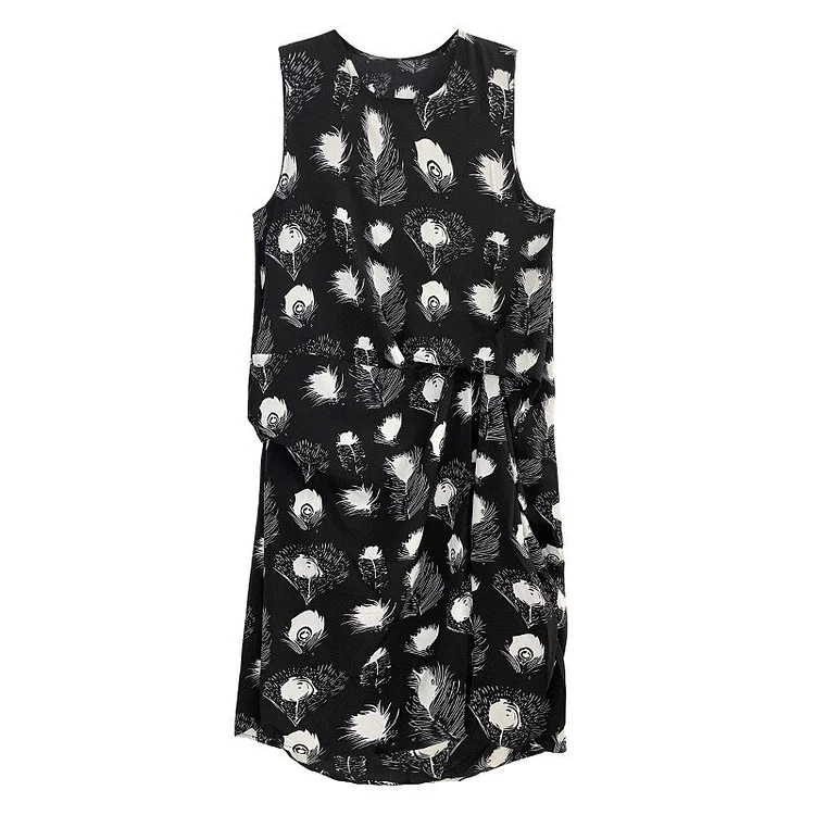 Elegant O-neck Irregular Folds Feather Printed Sleeveless Dress        