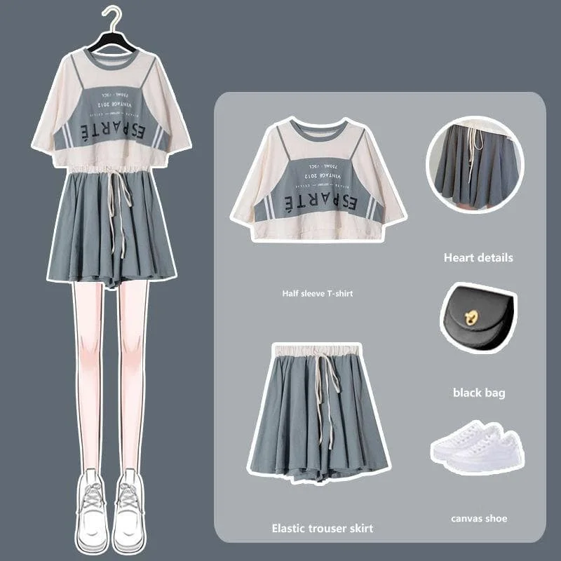 Trendy Casual Beige Gray Crop Top Skirt Set SP16061