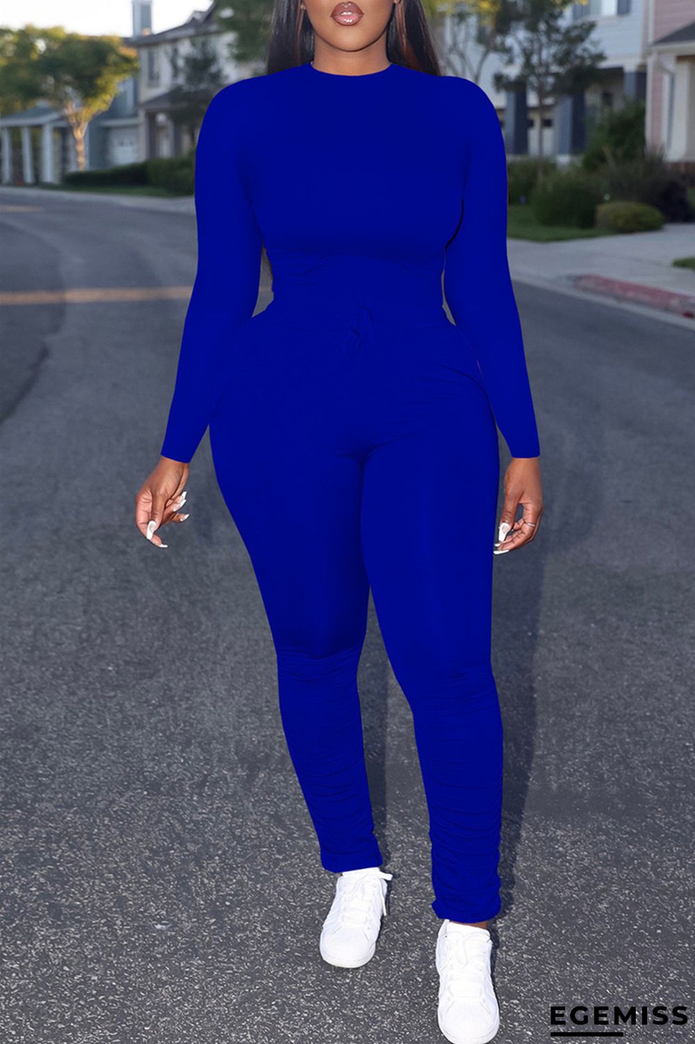 Royal Blue Casual Solid Basic O Neck Long Sleeve Two Pieces | EGEMISS
