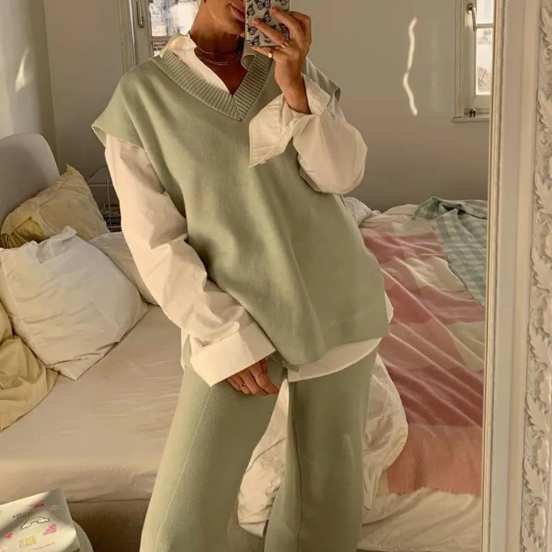 PUWD Casual Woman Oversized Side Slit Knitted Vest 2020 Fashion Ladies Autumn Loose Sleeveless Sweater Female Chic V Neck Tops