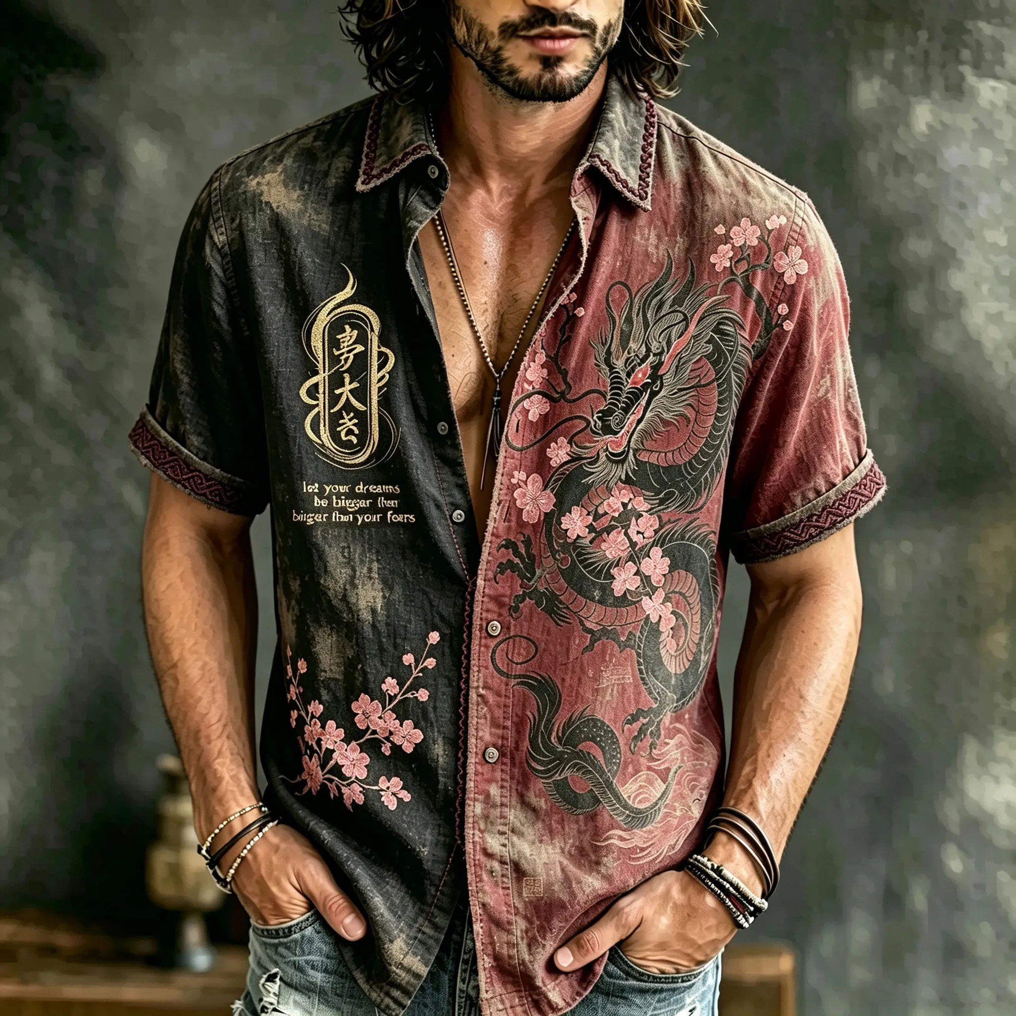 Men's Vintage Japanese Dragon Art Embroidered Linen Blend Short Sleeve Shirts  artssus