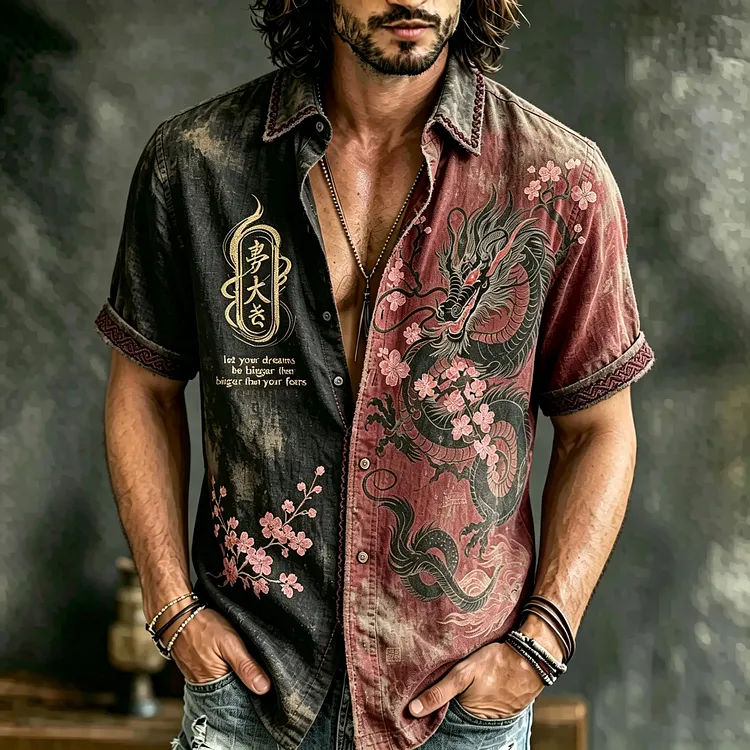 Men's Vintage Japanese Dragon Art Embroidered Linen Blend Short Sleeve Shirts