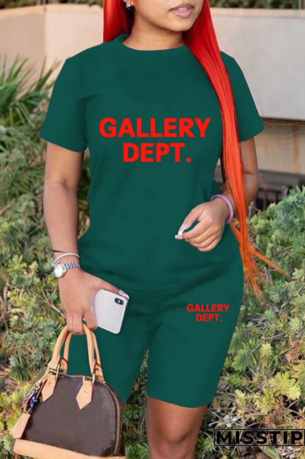 Green Casual Letter Print Basic O Neck Short Sleeve Two Pieces