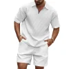 Men's Casual Waffle-Knit Solid-Color Polo Shirt & Tracksuit Set by Inlyline