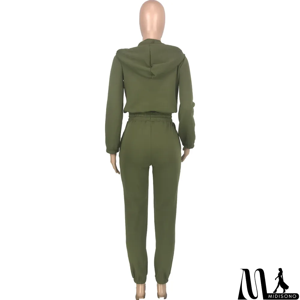 MidiSono - Plush Solid Tank Tops+Hooed Zipper Coat+Pants Sports Three Piece Set