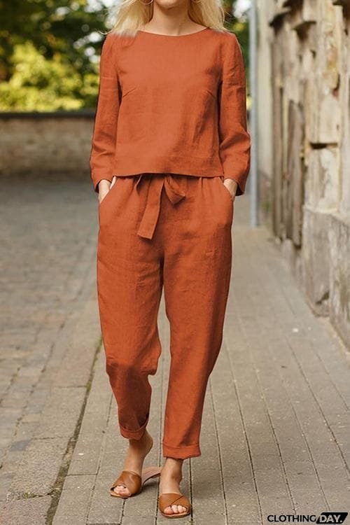 Linen O Neck Long Sleeve Pants Set