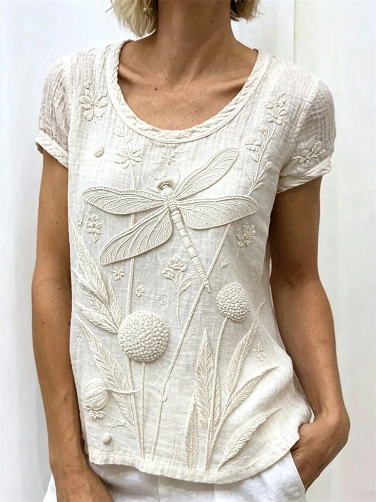 Vintage Dragonfly & Dandelion Floral Art Linen T Shirt elevenforest