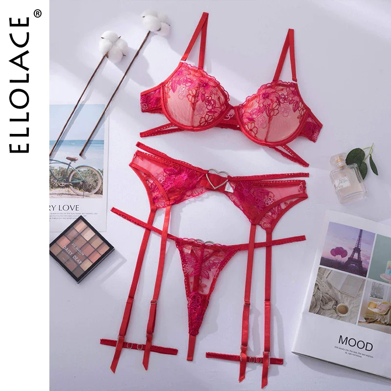 Billionm Ellolace Love Red Lingerie Sexy Bra And Panty Set 3-Pieces Luxury Lace Fancy Underwear Thongs Garters Erotic Intimate Set