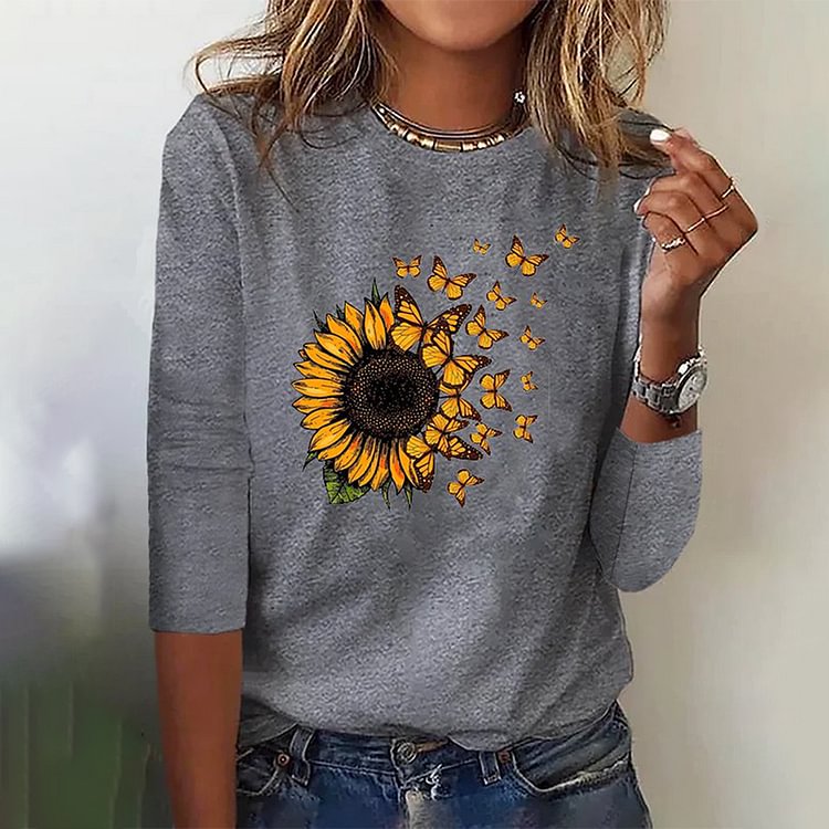 Comstylish Casual Daily Sunflower Print Round Neck T-Shirt
