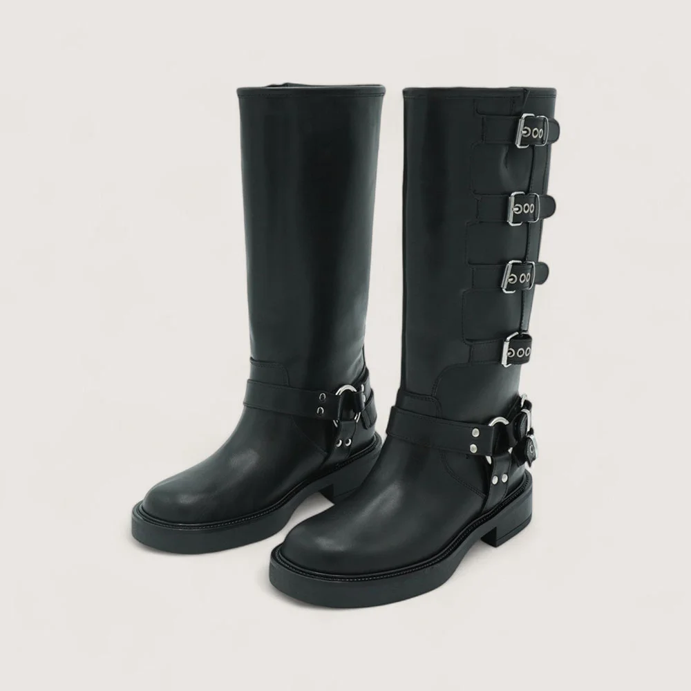 Black Round Toe Chunky Heel Buckle Women's Motorcycle Boots