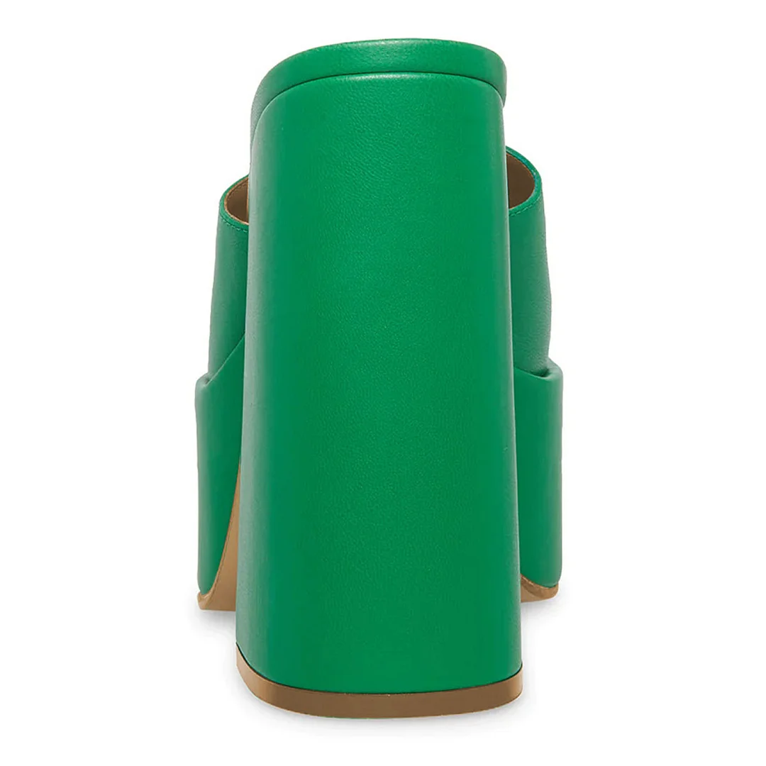 Vegan Leather Square Toe Wide Band Platform Block Heel Mules in Green