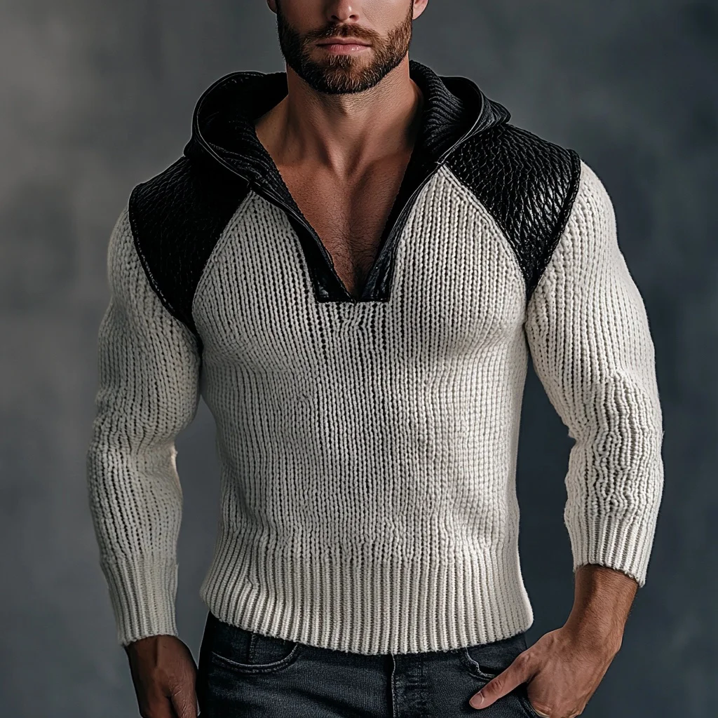 Men's Knitted Leather Patchwork Hoodie-inspireuse