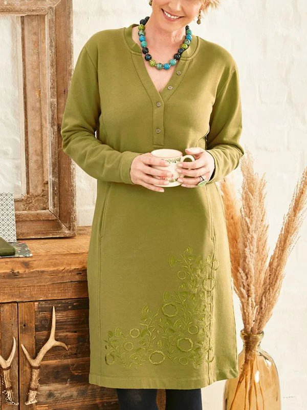 Simple solid color embroidery daily ladies' dress