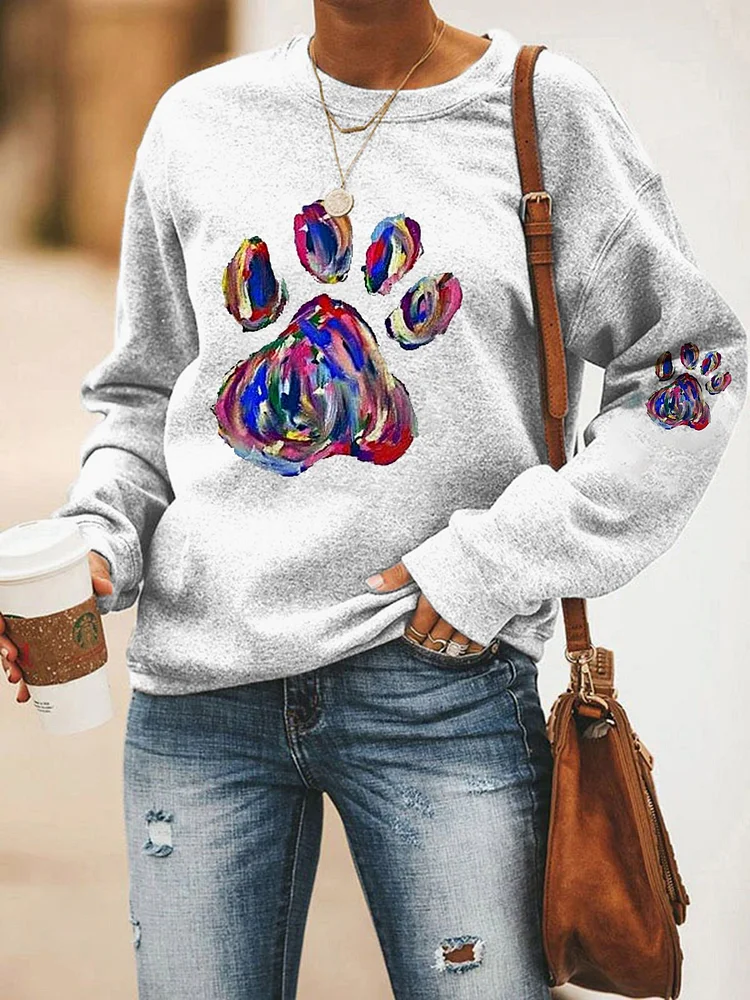 Women's Colorful Dog Paw Print Casual Sweatshirt