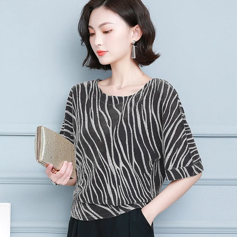 2021 Spring and Summer New Women's Striped Office Lady Style Short Sleeve Blouse Plus Size 4XL Women Base Shirt Blusas 10365