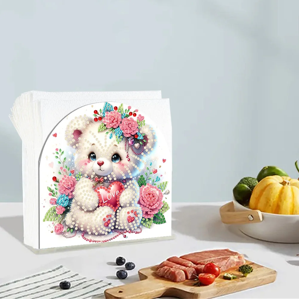 5D DIY Rose Bear Acrylic DIY Diamond Art Painting Napkin Holder Set 