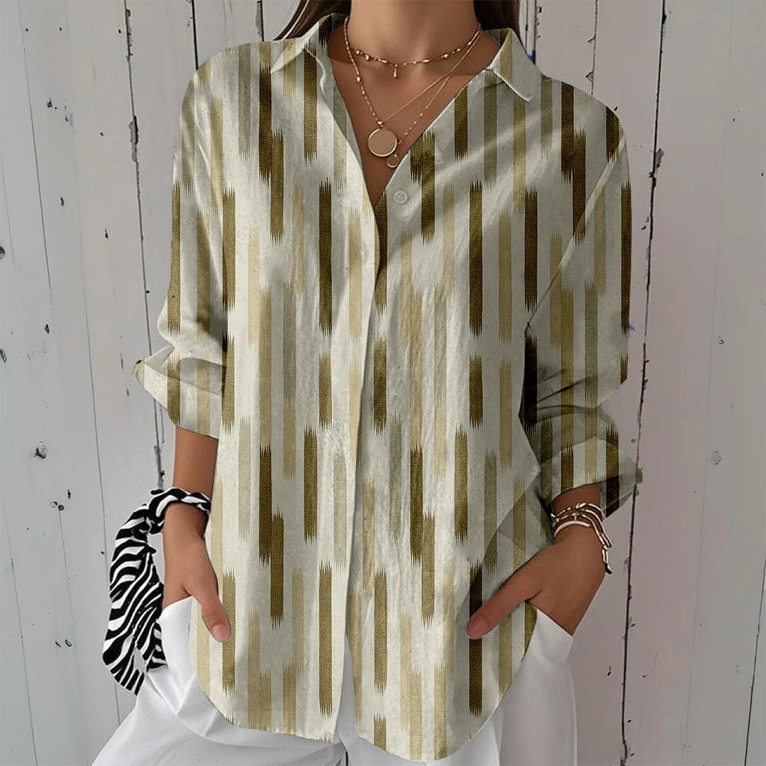 Style & Comfort for Mature Women Women Striped, Green DZCL0358 3/4 Sleeve Shirt Collar Printed Button Tops