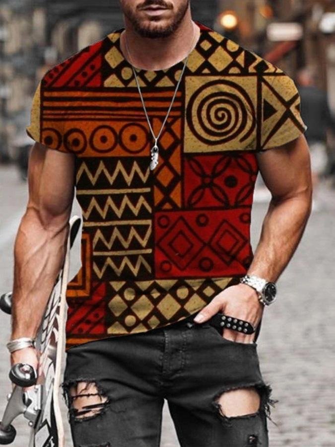 As Picture Tribal Casual Crew Neck Cotton Shirts & Tops
