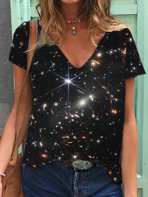 Women's Space Telescope Sky Photos  Print V-Neck T-Shirt