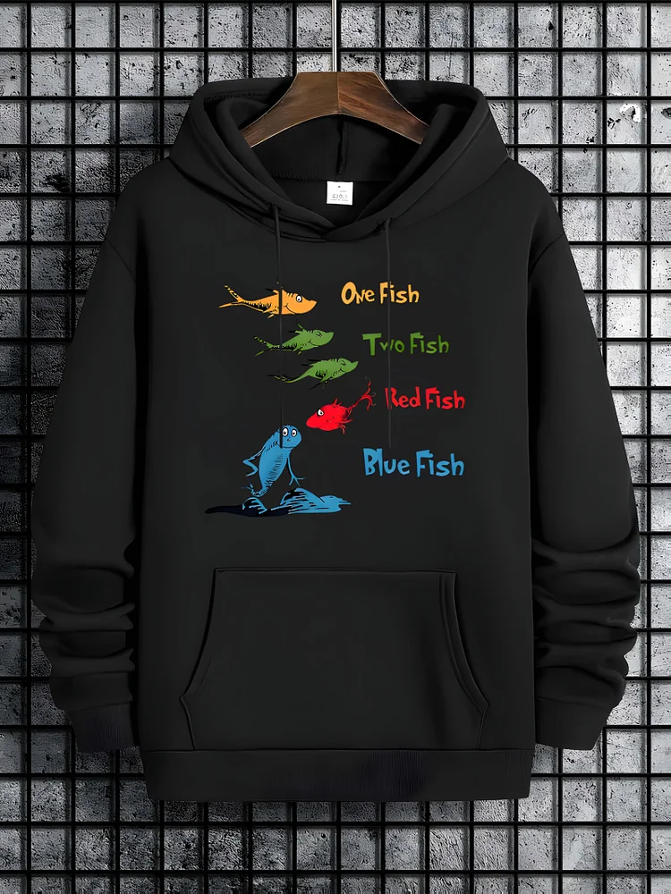 Women's Large Size Hoodie - Funny Fishing Progression Graphic One Fish, Two Fish, Red Fish, Blue Fish) - Black Pullover Sweatshirt For Gym, Fishing Trips, Casual Outfits - Machine Washable Sportswear, Workout Clothing, Sporty Design