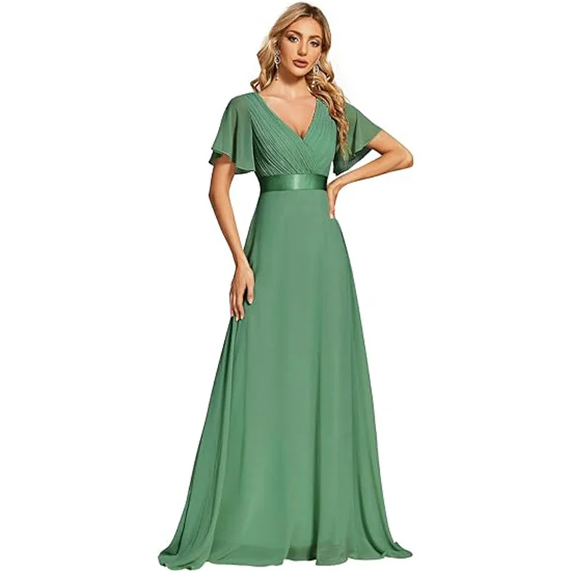 Uveng Uveng Sales Of Large Swing V-Neck Dress Chiffon Elastic Banquet Festival Annual Bridesmaid Performance Evening Dress Woman