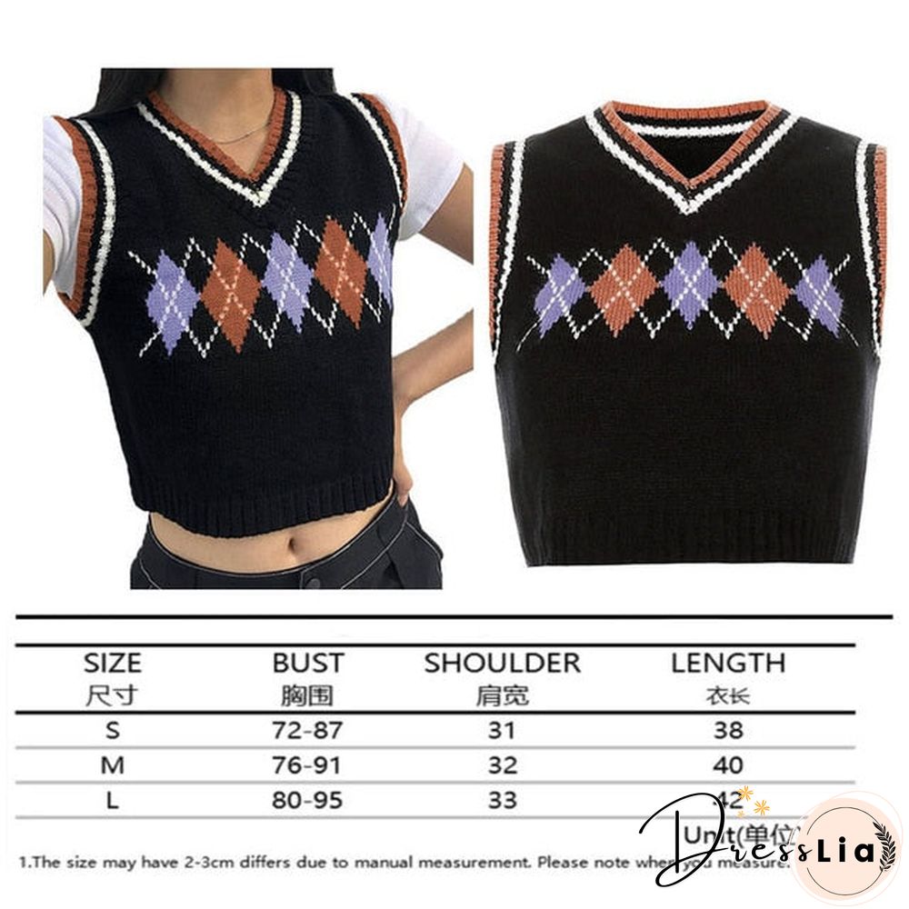V Neck Vintage Argyle Sweater Vest Women Black Sleeveless Plaid Knitted Crop Sweaters Casual Autumn Preppy Style tops