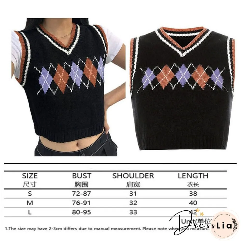 V Neck Vintage Argyle Sweater Vest Women Black Sleeveless Plaid Knitted Crop Sweaters Casual Autumn Preppy Style tops