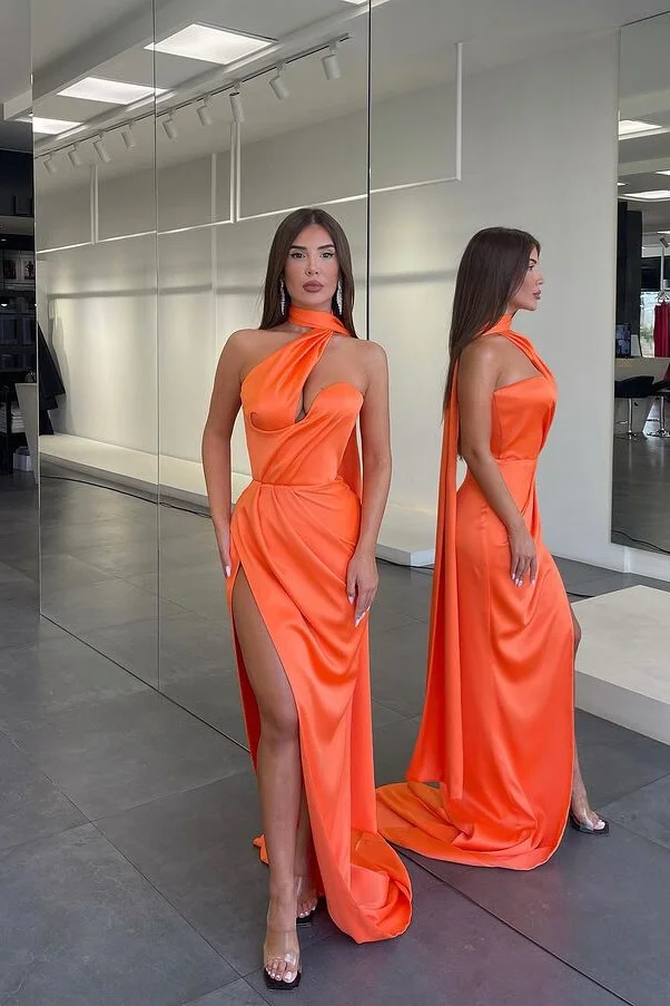 Luluslly Bright Orange Sleeveless Mermaid Evening Dress Long Side Slit