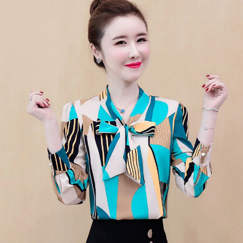 Jangj Lady Bow V-neck Slim Long Sleeved T-shirts Fashion Spring Autumn Women's Clothing Patchwork Print Comfortable Tops 2022