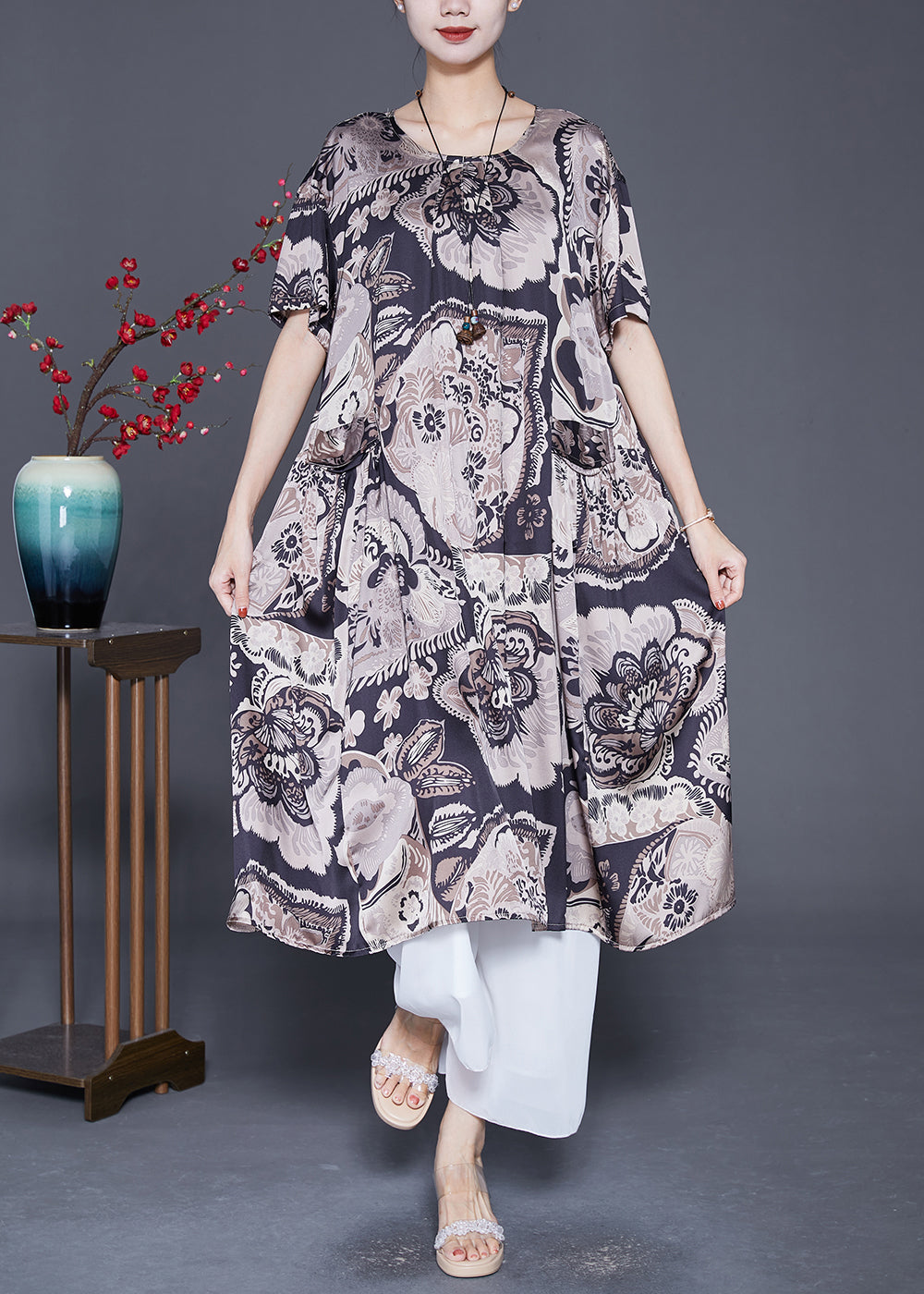 VCSHOES Black Oversized Print Silk Maxi Dresses Summer