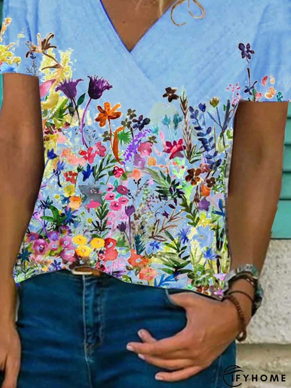Floral Short Sleeve Printed Cotton-blend V neck Casual Summer Blue Top | IFYHOME