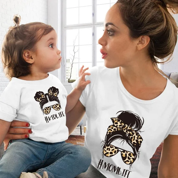 Summer Fashion Ladies T-shirt Children Girls T-shirt Mother-daughter Family Matching T-shirt Pure Cotton Loose Mommy and My T-shirt Girls Clothing