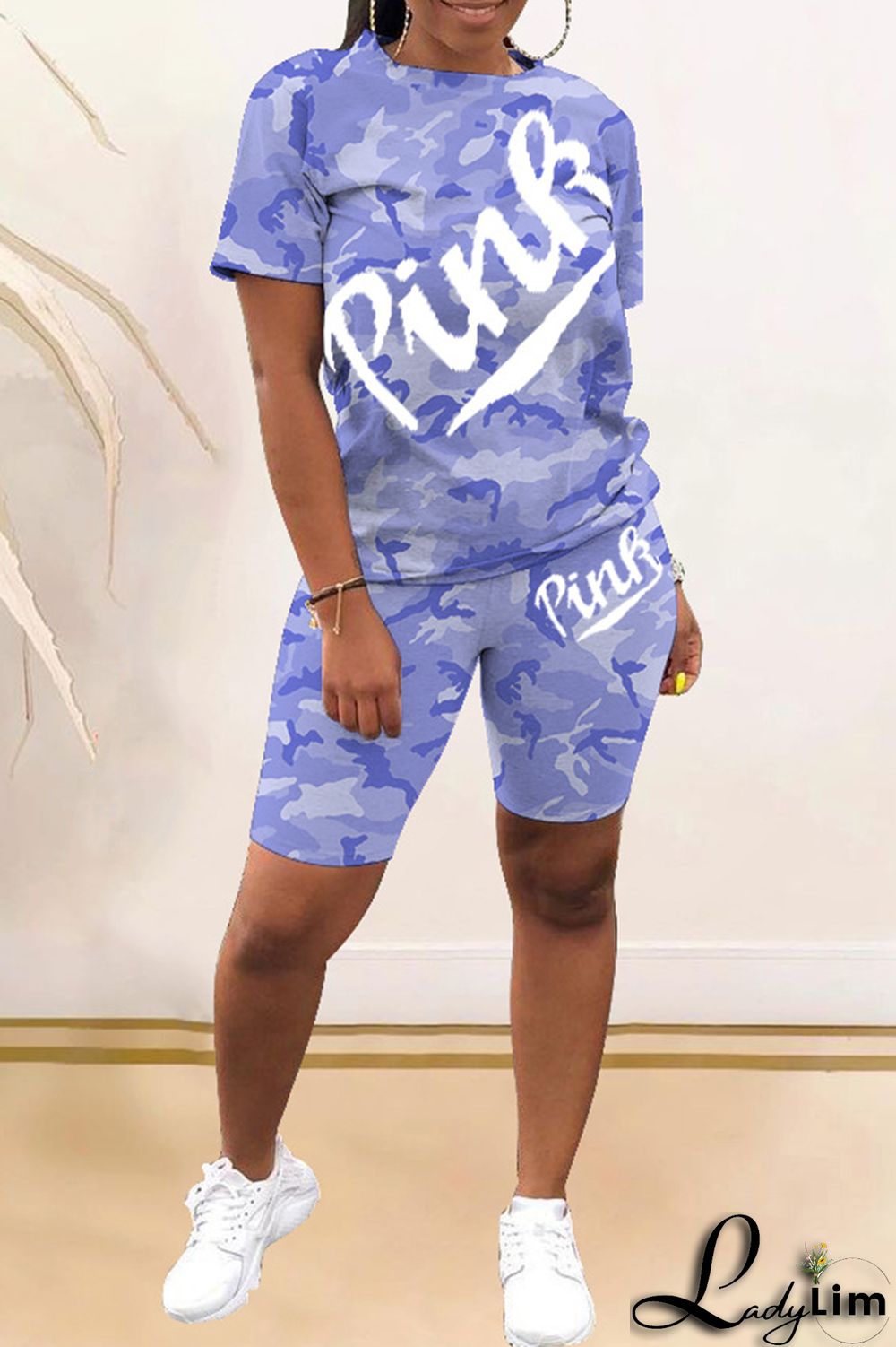 Red Fashion Casual Letter Camouflage Print Basic O Neck Short Sleeve Two Pieces