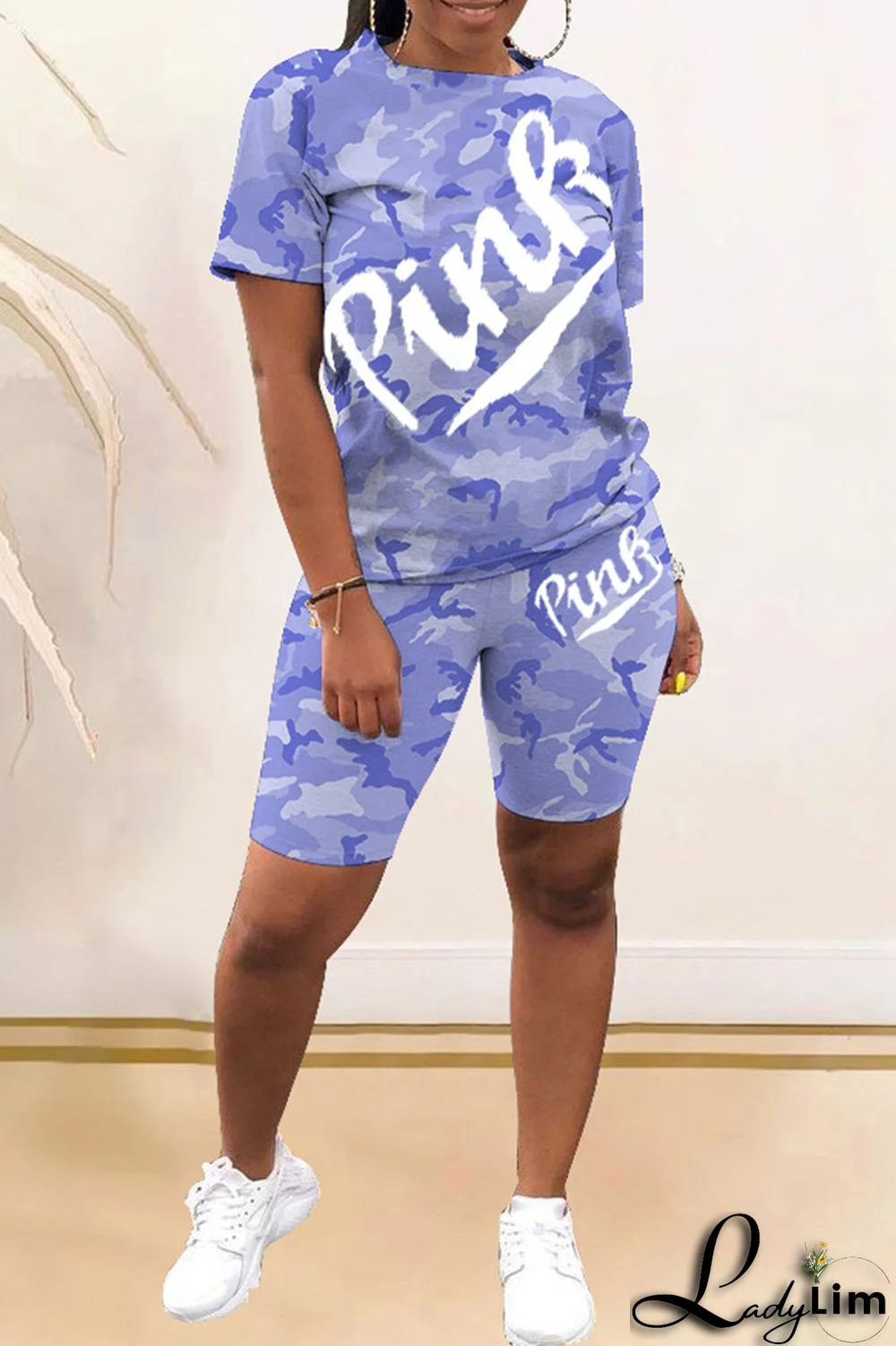 Red Fashion Casual Letter Camouflage Print Basic O Neck Short Sleeve Two Pieces