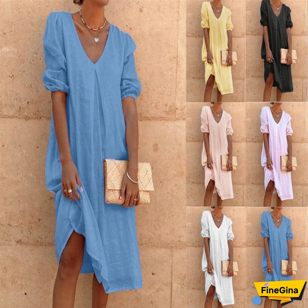 XIEYINSHE Europe and America Cross Border Wish Cotton Linen Solid Color Fashion Medium Long Sleeve Long Casual Mid-Length Dress