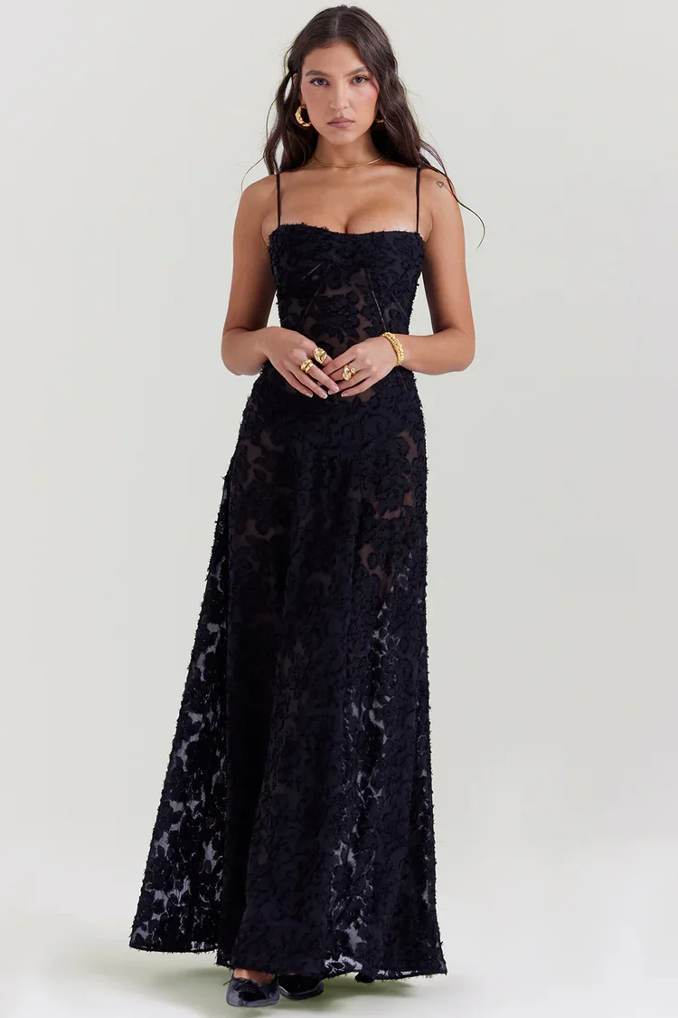 Black Floral Lace Back Maxi Dress