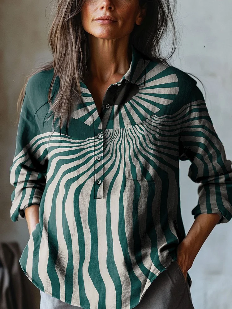 Women's Abstract Stripes Art Print Casual Cotton And Linen Shirt