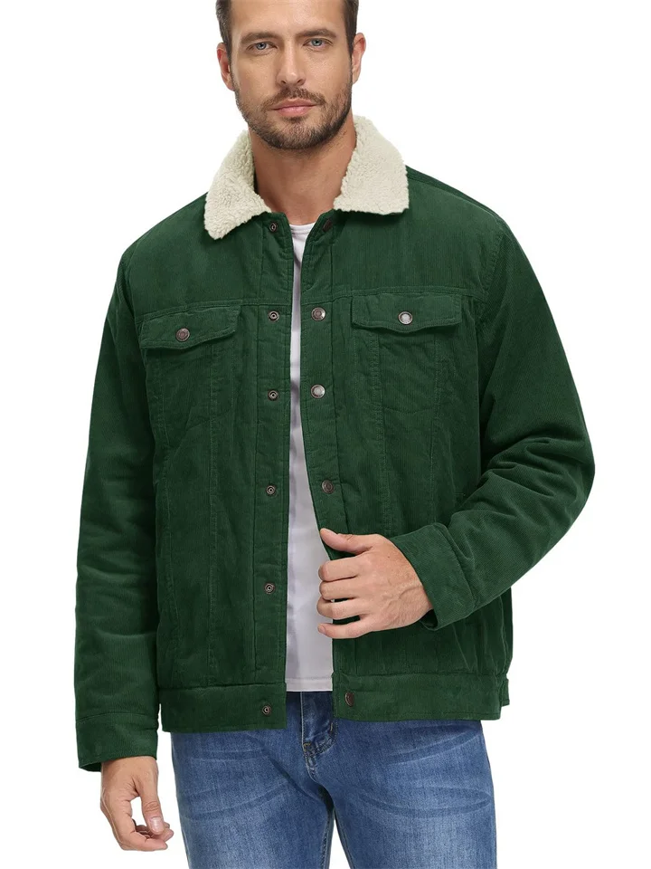 New Corduroy Lapel Long-sleeved Plush Men's Jacket Coat-JRSEE