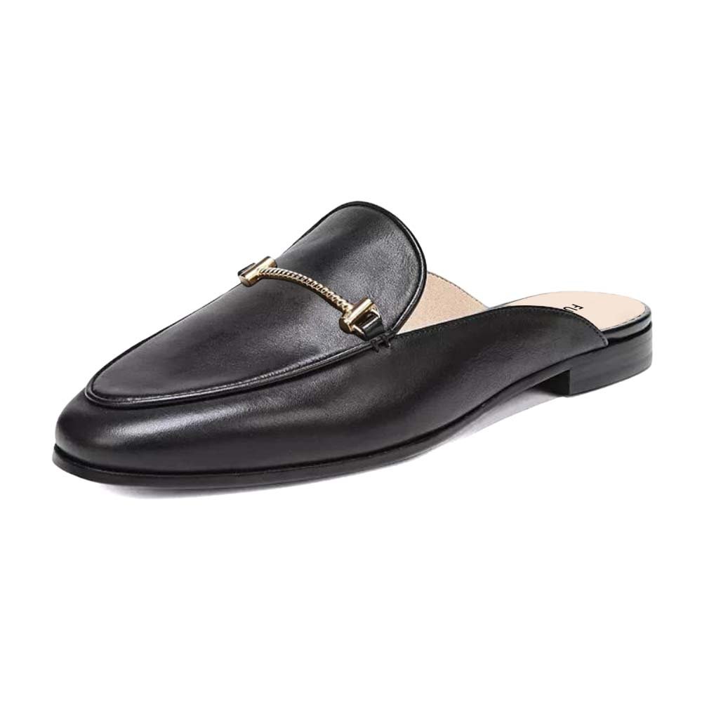 Black Leather Mules With Chain Decor Lug Sole Flats Nicepairs