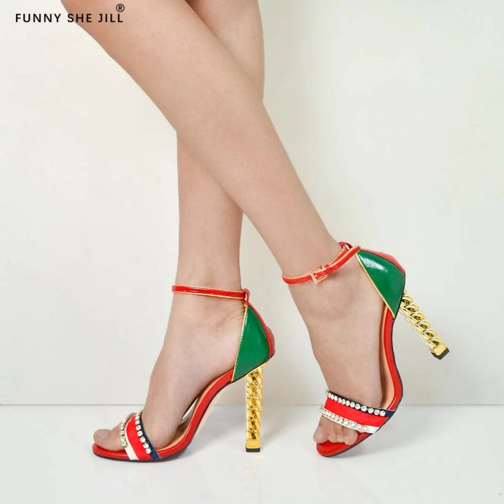 Colorful Heeled Sandals Ankle Strap Open Toe Sandals With Rhinestones Nicepairs