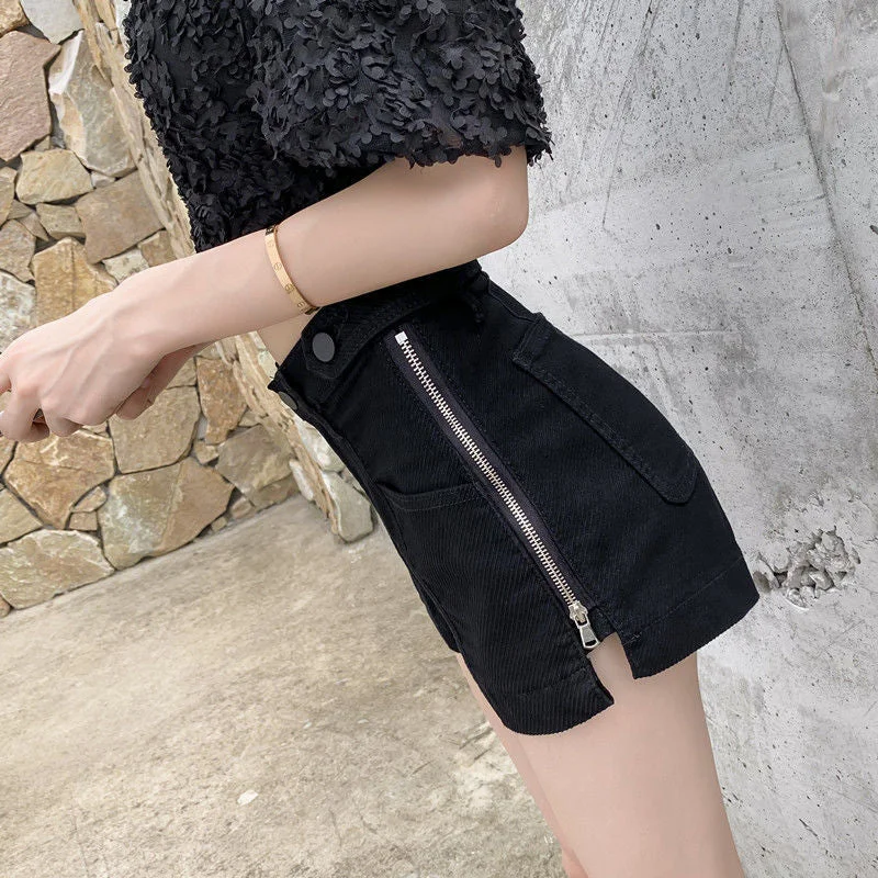 FTLZZ New Summer Women Streetwear Wide Leg Zipper Black Denim Shorts Casual Female Vintage Solid Color Pocket Jeans Shorts