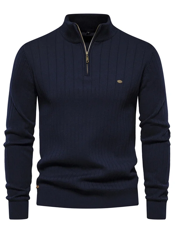 Men's Casual Half Zip High Neck Stretch Knit Pit Plain Sweater
