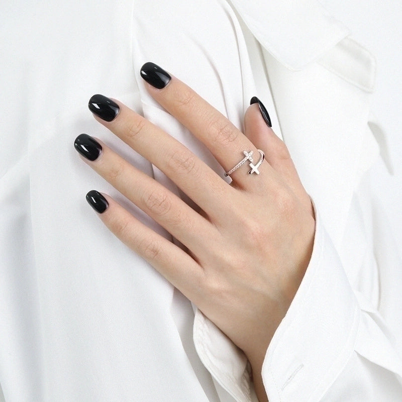 Sterling Silver Minimalist Cross Plating Inlay Zircon Open Rings