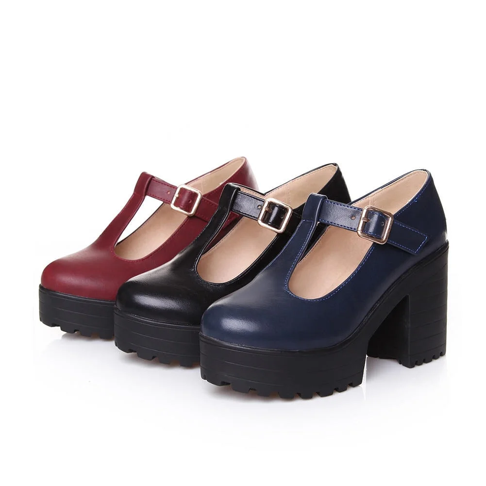 BONJOMARISA New T-Strap Buckle Strap Solid Mary Janes Platform Women Shoes Woman Casual Spring Autumn Pumps Large Size 34-46
