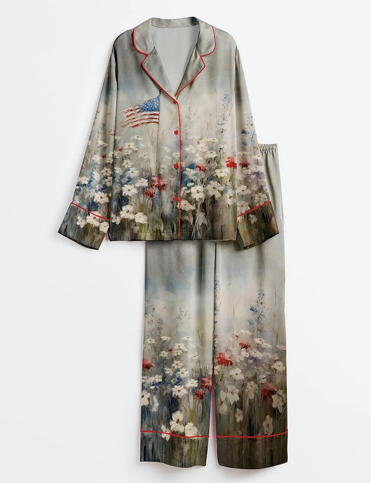 Women&rsquo;s Patriotic American Flag 4th of July Flower Art Print Long Sleeve Satin Pajama Set