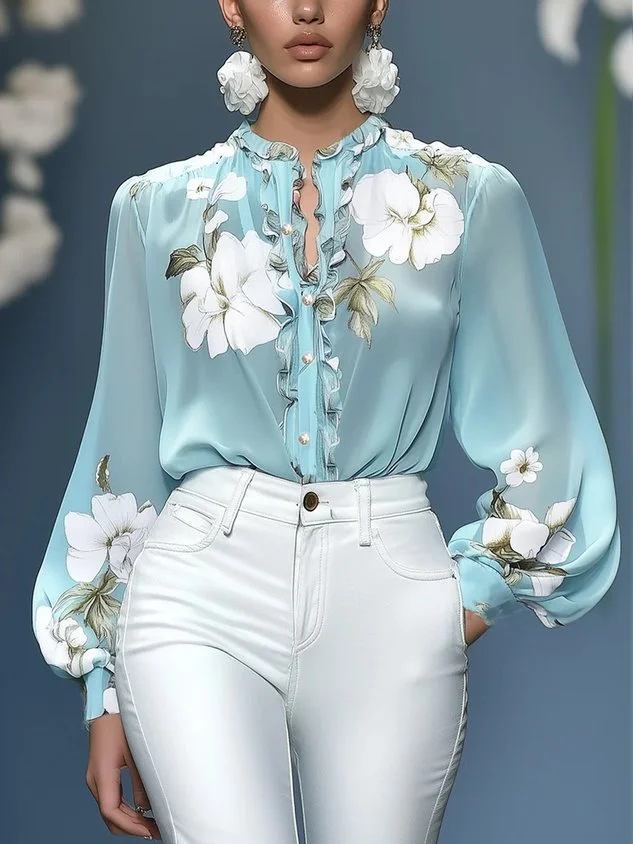 Elegant Floral Printing Stand Collar Balloon Sleeve Chiffon Blouse