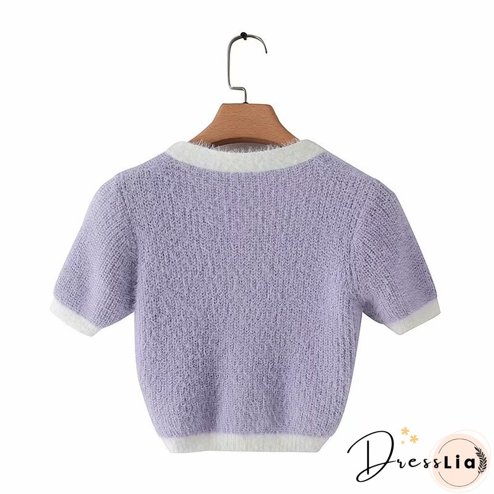 Spring Korean Sweater Women Vintage Pink Cardigan Knitted Cute Sweater Punk Crop Sweater Knit Korean Cardigans Cute Purple