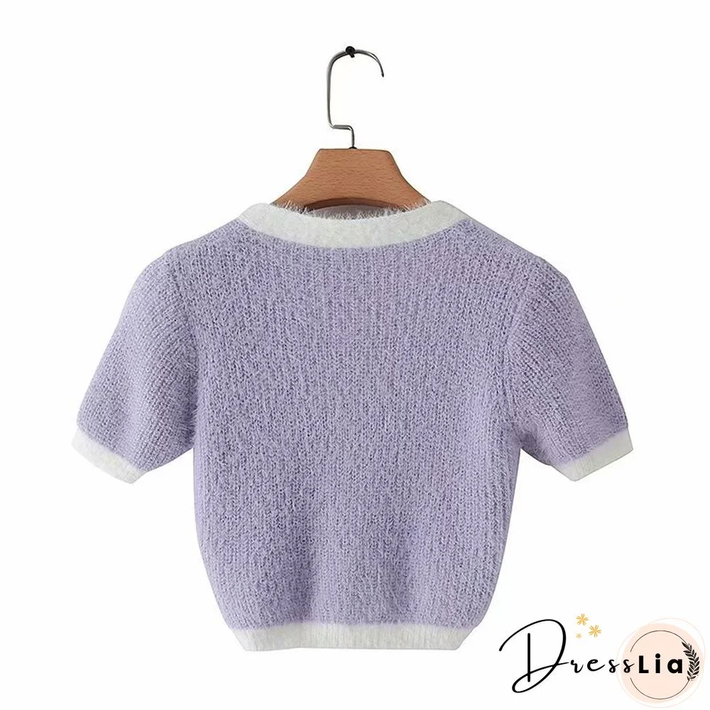 Spring Korean Sweater Women Vintage Pink Cardigan Knitted Cute Sweater Punk Crop Sweater Knit Korean Cardigans Cute Purple