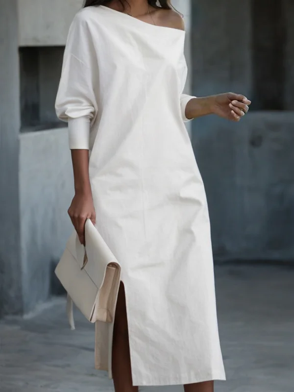 Solid Color Split-Side Long Sleeves Loose One-Shoulder Midi Dresses